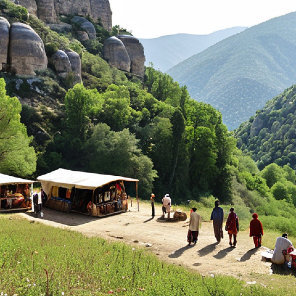 **Image Prompt 1:** A scenic view of a Turkish national park, highlighting sustainable ecotourism activities with local people engaged in guiding tourists and selling handcrafted goods. Emphasize the natural beauty and the harmony between tourism and conservation.