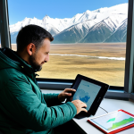 A professional environmental scientist, fully clothed in appropriate, modest field attire, is seated at a portable workstation within a modern field research center. Through a large window, a panoramic view of the majestic Kaçkar Mountains stretches out, subtly hinting at glacial changes. The scientist is intently analyzing digital satellite imagery and drone data on a rugged tablet, showcasing patterns of vegetation or water bodies. The atmosphere is professional and focused, emphasizing data-driven conservation efforts. Perfect anatomy, correct proportions, natural pose, well-formed hands, proper finger count, natural body proportions, professional photography, high quality, safe for work, appropriate content, family-friendly.