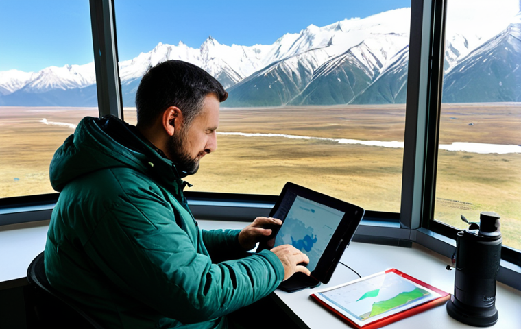 A professional environmental scientist, fully clothed in appropriate, modest field attire, is seated at a portable workstation within a modern field research center. Through a large window, a panoramic view of the majestic Kaçkar Mountains stretches out, subtly hinting at glacial changes. The scientist is intently analyzing digital satellite imagery and drone data on a rugged tablet, showcasing patterns of vegetation or water bodies. The atmosphere is professional and focused, emphasizing data-driven conservation efforts. Perfect anatomy, correct proportions, natural pose, well-formed hands, proper finger count, natural body proportions, professional photography, high quality, safe for work, appropriate content, family-friendly.